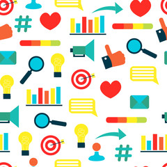 smm seamless pattern. Sign and icon for social media marketing on multi-colored square. News feed in online network. Cute illustration in flat style.