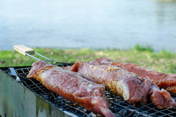 Cooking raw steak on the grill in nature on a background of water