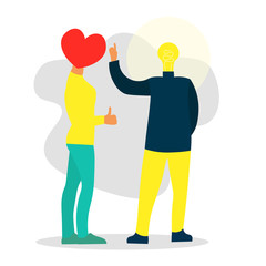 Male and female characters with smm symbols. representatives of 
successful business social media marketing compaing. heart and lamp 
instead of head. Cute vector illustration in flat style. 