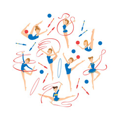 Gymnastics Banner Template, Round Shape Pattern of Professional Female Gymnasts Exercising with Ribbons Vector Illustration
