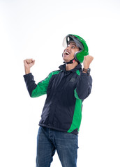 successful motor taxi rider raise his arm isolated over white background
