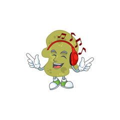 Cartoon drawing design of verrucomicrobia listening to the music with headset