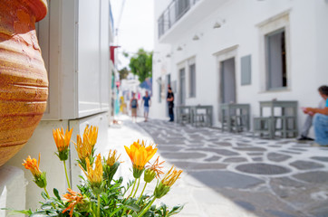 Picturesque scenic narrow streets with traditional whitewashed houses with blue doors windows of...