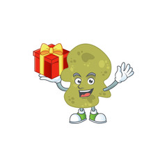 Verrucomicrobia cartoon mascot concept design with a red box of gift