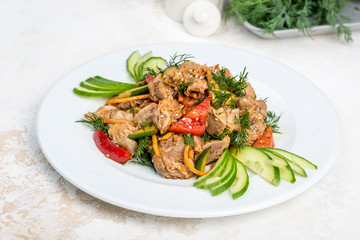 Chicken ventricular salad with vegetables and fresh herbs