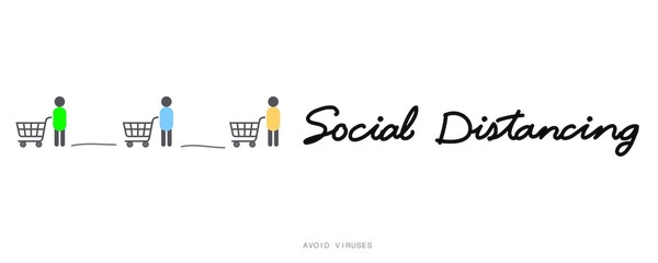 Social distancing concept for preventing coronavirus covid-19 with Wording Social distancing and Shopping cart with a man icon to keeping distance on white background