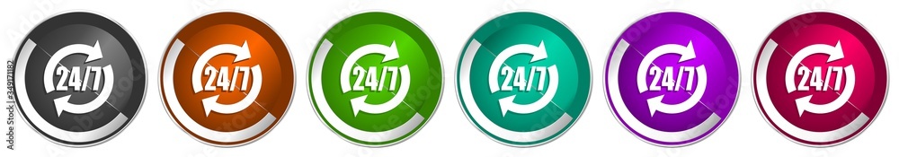 Poster Service icon set, silver metallic chrome border vector web buttons in 6 colors options for webdesign