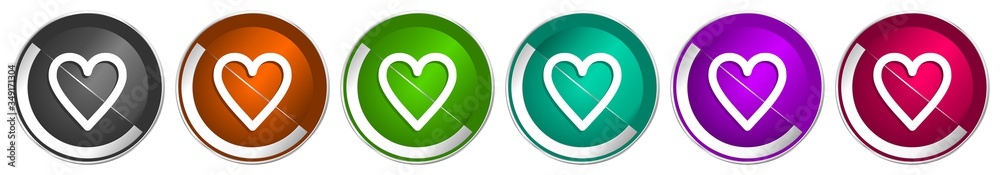 Poster Heart icon set, silver metallic chrome border vector web buttons in 6 colors options for webdesign