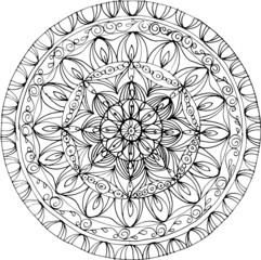 Hand-drawn graphic illustration. Oriental ornament, mandala. Indian folk motifs, traditions. Separate round composition on a white background. Vintage, retro, doodle, sketch style. Yoga, meditation