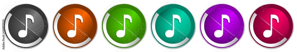 Poster Music icon set, silver metallic chrome border vector web buttons in 6 colors options for webdesign