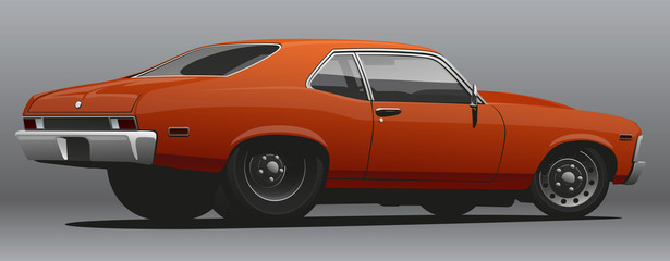 Orange muscle car, view from side. Vector illustration.
