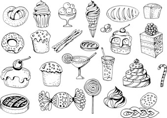 
Bread, pastries. Hand-drawn illustration. Doodle style, sketch. Buns, cakes, muffins, marshmallows, bagels. Kitchen, food. Print, textile.