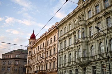 Fototapeta premium Traditional bohemian facades with spires and decorations in Prague (Praha, Czech Republic, Europe)