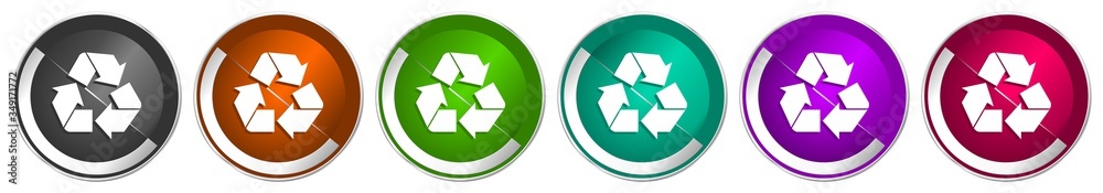 Poster Recycle icon set, silver metallic chrome border vector web buttons in 6 colors options for webdesign