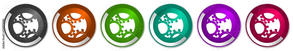 Fototapete gear icon set, silver metallic chrome border vector web buttons in 6 colors options for webdesign
