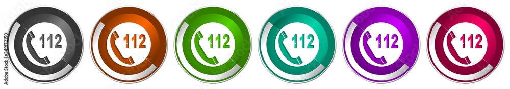 Fototapete Emergency call icon set, silver metallic chrome border vector web buttons in 6 colors options for webdesign