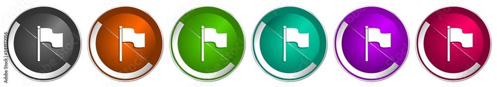 Poster Flag icon set, silver metallic chrome border vector web buttons in 6 colors options for webdesign