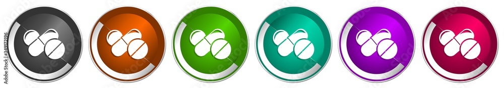 Poster Medicine icon set, silver metallic chrome border vector web buttons in 6 colors options for webdesign