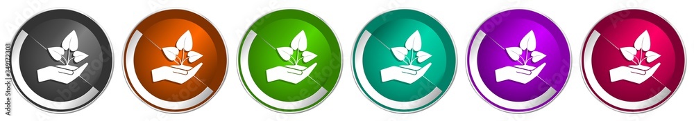 Aufkleber Plant care hand icon set, silver metallic chrome border vector web buttons in 6 colors options for webdesign