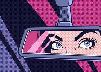 Woman looks in the rear view mirror. Pop art vector illustration.