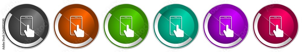 Aufkleber smartphone icon set, mobile phone silver metallic chrome border vector web buttons in 6 colors optio
