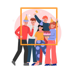 Group of Friends Holding Portrait Frame Set, Happy Young People Wearing Party Hats Celebrating Birthday with Cake Vector Illustration