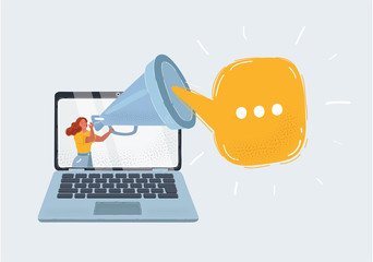 Vector illustration of blogger screaming loudly in a big megaphone on screen of laptop