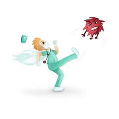 Cute illustration. Doctor superhero fights the virus, kicks the virus.
