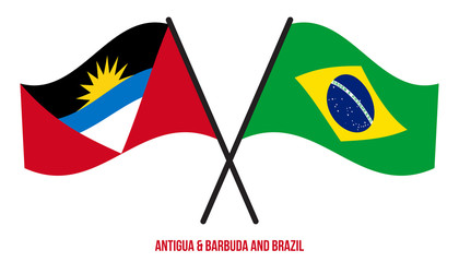 Antigua & Barbuda and Brazil Flags Crossed & Waving Flat Style. Official Proportion. Correct Colors