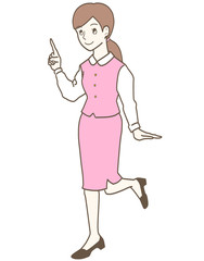 指をさす女性　オフィス　制服　ピンク
