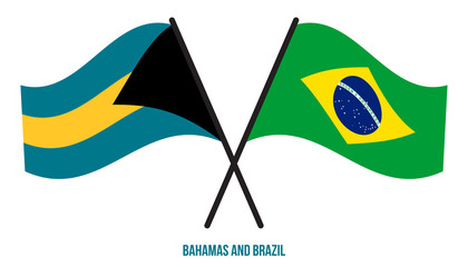 Bahamas and Brazil Flags Crossed And Waving Flat Style. Official Proportion. Correct Colors