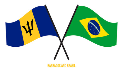 Barbados and Brazil Flags Crossed And Waving Flat Style. Official Proportion. Correct Colors