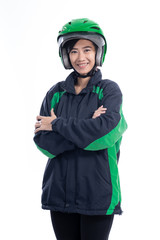 portrait of female taxi uber driver with helmet isolated over white background
