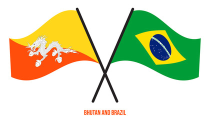 Bhutan and Brazil Flags Crossed And Waving Flat Style. Official Proportion. Correct Colors
