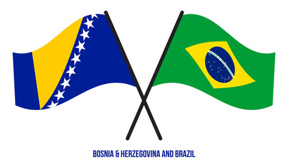 Bosnia & Herzegovina and Brazil Flags Crossed And Waving Flat Style. Official Proportion Colors