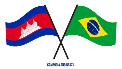 Cambodia and Brazil Flags Crossed And Waving Flat Style. Official Proportion. Correct Colors
