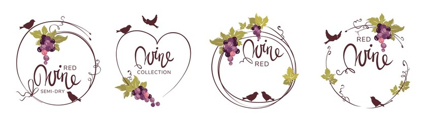 Wine label with birds and grapes / Set vector illustration, floral design element	