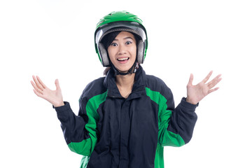 shocked female delivery courier isolated over white background