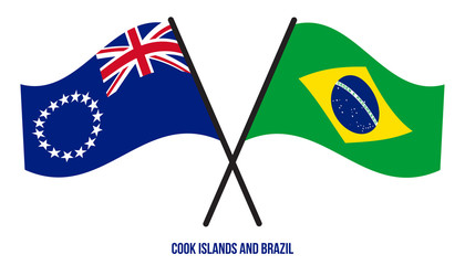 Cook Islands and Brazil Flags Crossed And Waving Flat Style. Official Proportion. Correct Colors