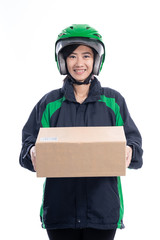 portrait of female asian online delivery courier sending package