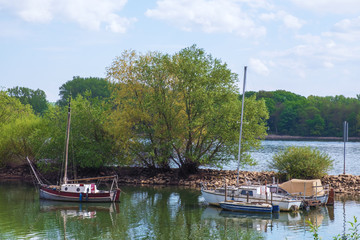 Boote auf einem Nebenarm des Rheins