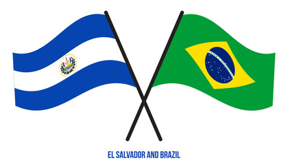 El Salvador and Brazil Flags Crossed And Waving Flat Style. Official Proportion. Correct Colors