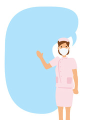 Fototapeta na wymiar Open arm young nurse with giant speech bubble against white isolated background.