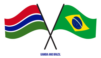 Gambia and Brazil Flags Crossed And Waving Flat Style. Official Proportion. Correct Colors