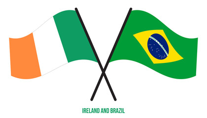 Ireland and Brazil Flags Crossed And Waving Flat Style. Official Proportion. Correct Colors