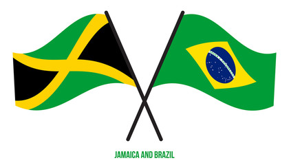 Jamaica and Brazil Flags Crossed And Waving Flat Style. Official Proportion. Correct Colors