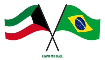 Kuwait and Brazil Flags Crossed And Waving Flat Style. Official Proportion. Correct Colors