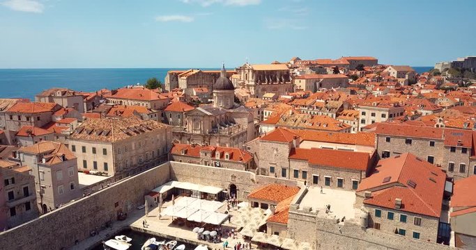 4K Footage Aerial View to the Old City Fortification and Red Roofs in Dubrocnik, Croatia