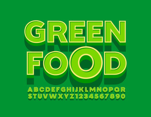Vector creative sign Green Food with 3D Retro Font. Trendy Alphabet Letters and Numbers