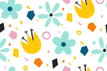 Cartoon-Hintergrund für Kinder. Nahtloses Muster mit dekorativen Blumen im skandinavischen Stil. Perfekt für Kinderstoffe, Textilien, Kindertapeten. Blumenbeschaffenheit lokalisiert auf weißem Hintergrund.